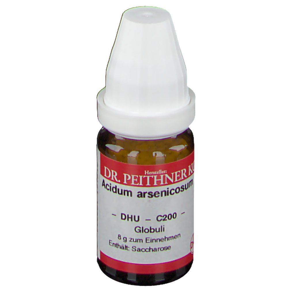 Braune Glasflasche mit weißem Verschluss. Etikett mit Produktnamen und Hersteller. Enthält Globuli.