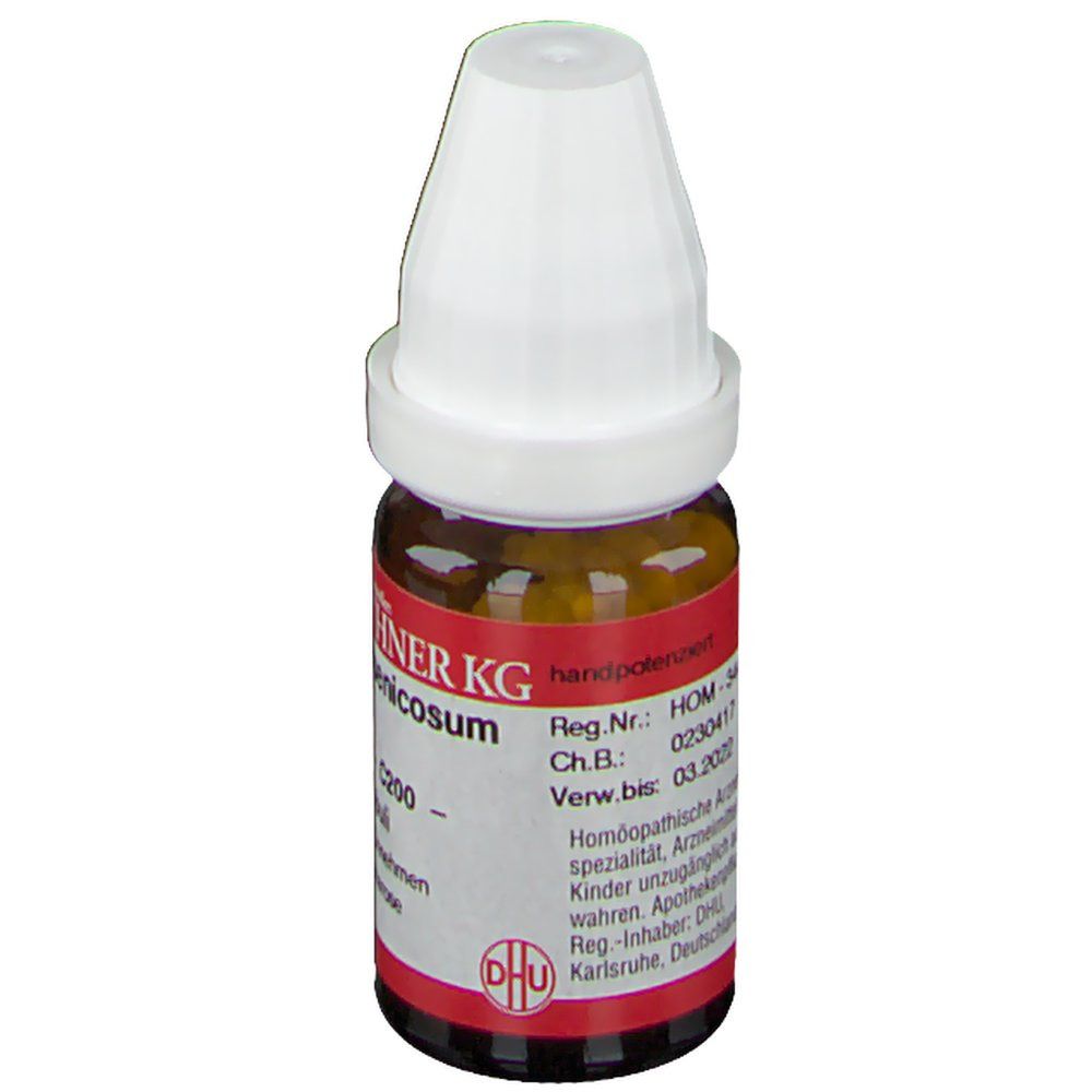 Braune Glasflasche mit weißem Verschluss. Etikett mit Produktnamen und Hersteller. Enthält Globuli.