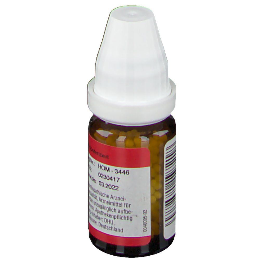 Braune Glasflasche mit weißem Verschluss. Etikett mit Produktnamen und Hersteller. Enthält Globuli.