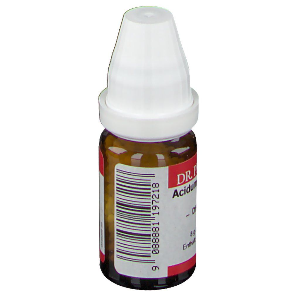 Braune Glasflasche mit weißem Verschluss. Etikett mit Produktnamen und Hersteller. Enthält Globuli.