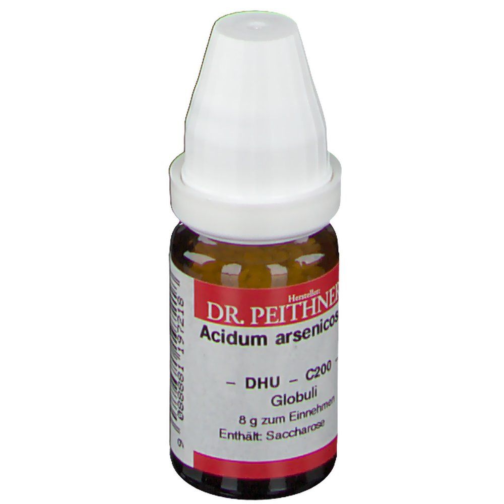 Braune Glasflasche mit weißem Verschluss. Etikett mit Produktnamen und Hersteller. Enthält Globuli.