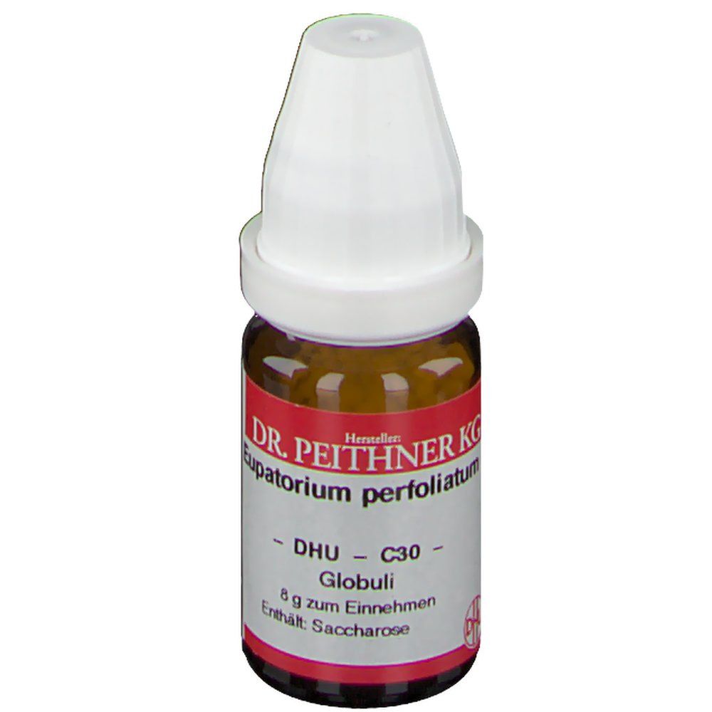 Braune Glasflasche mit weißem Deckel. Rotes Etikett mit weißer Schrift: DR. PEITHNER KG Eupatorium perfoliatum DHU C30 Globuli.