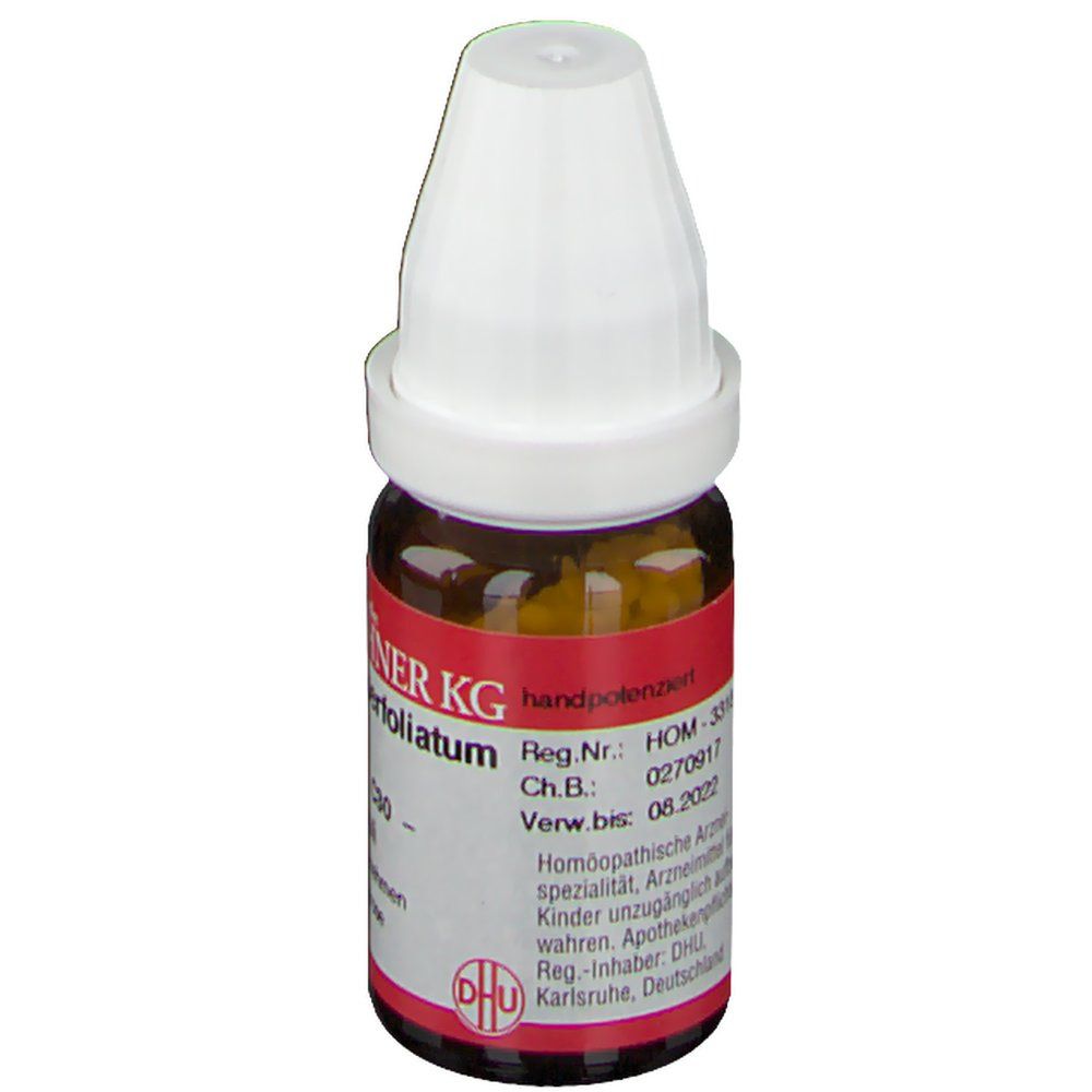 Braune Glasflasche mit weißem Deckel. Rotes Etikett mit weißer Schrift. Details: DR. PEITHNER KG, Eupatorium perfoliatum, DHU C30. Handpotenzierung.