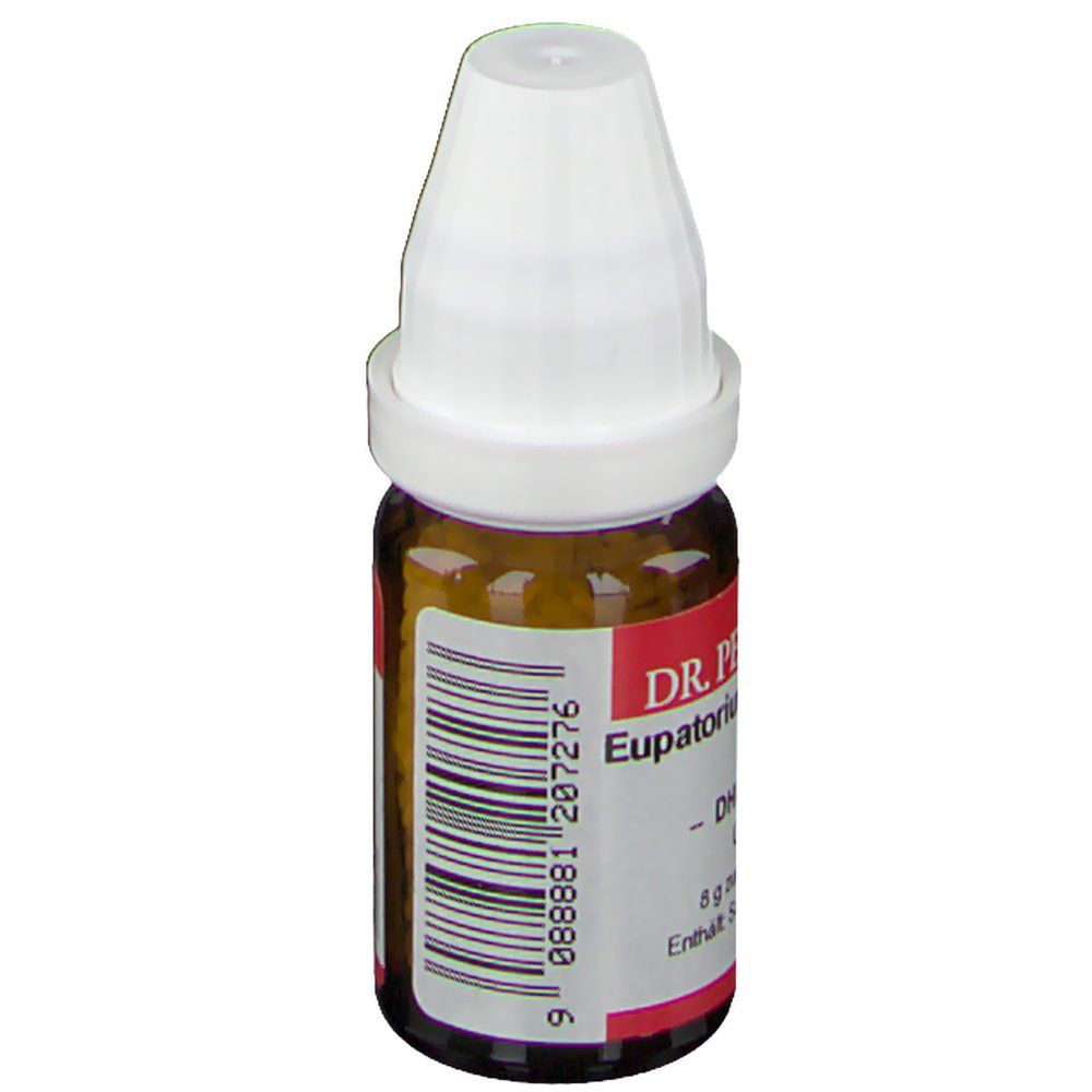 Braune Glasflasche mit weißem Deckel. Rotes Etikett mit weißer Schrift. Barcode und Produktinformationen. DR. PEITHNER KG Eupatorium perfoliatum.