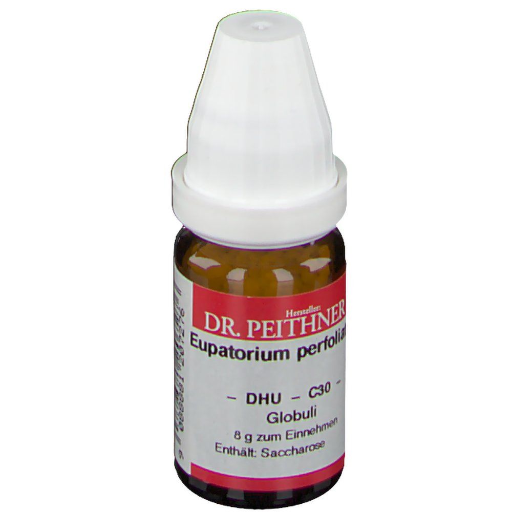 Braune Glasflasche mit weißem Deckel. Rotes Etikett mit weißer Schrift: DR. PEITHNER KG Eupatorium perfoliatum DHU C30 Globuli. 8 g zum Einnehmen.