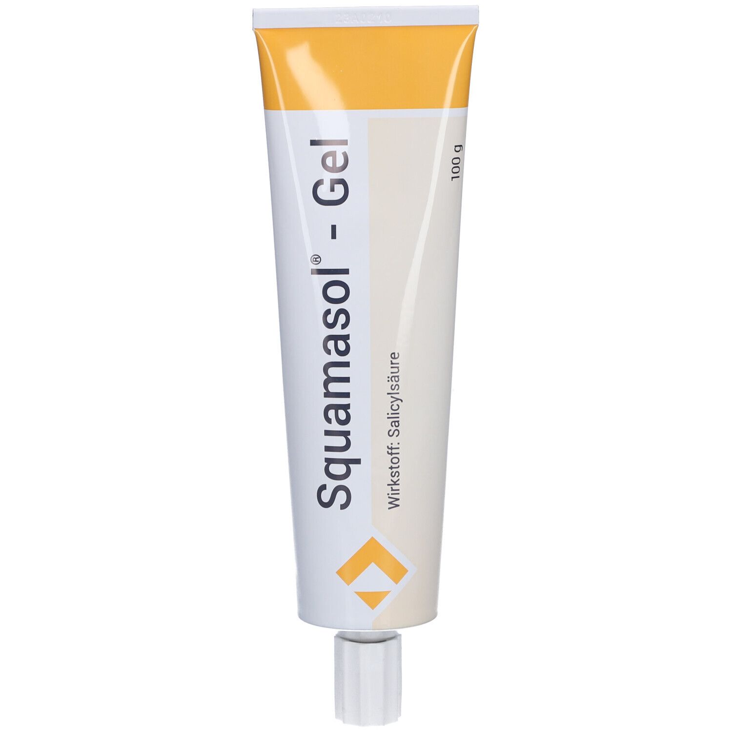 Tube „Squamasol® - Gel“. Weiß mit gelbem Deckel. Aufdruck: Gel, Wirkstoff: Salicylsäure. 100 g.