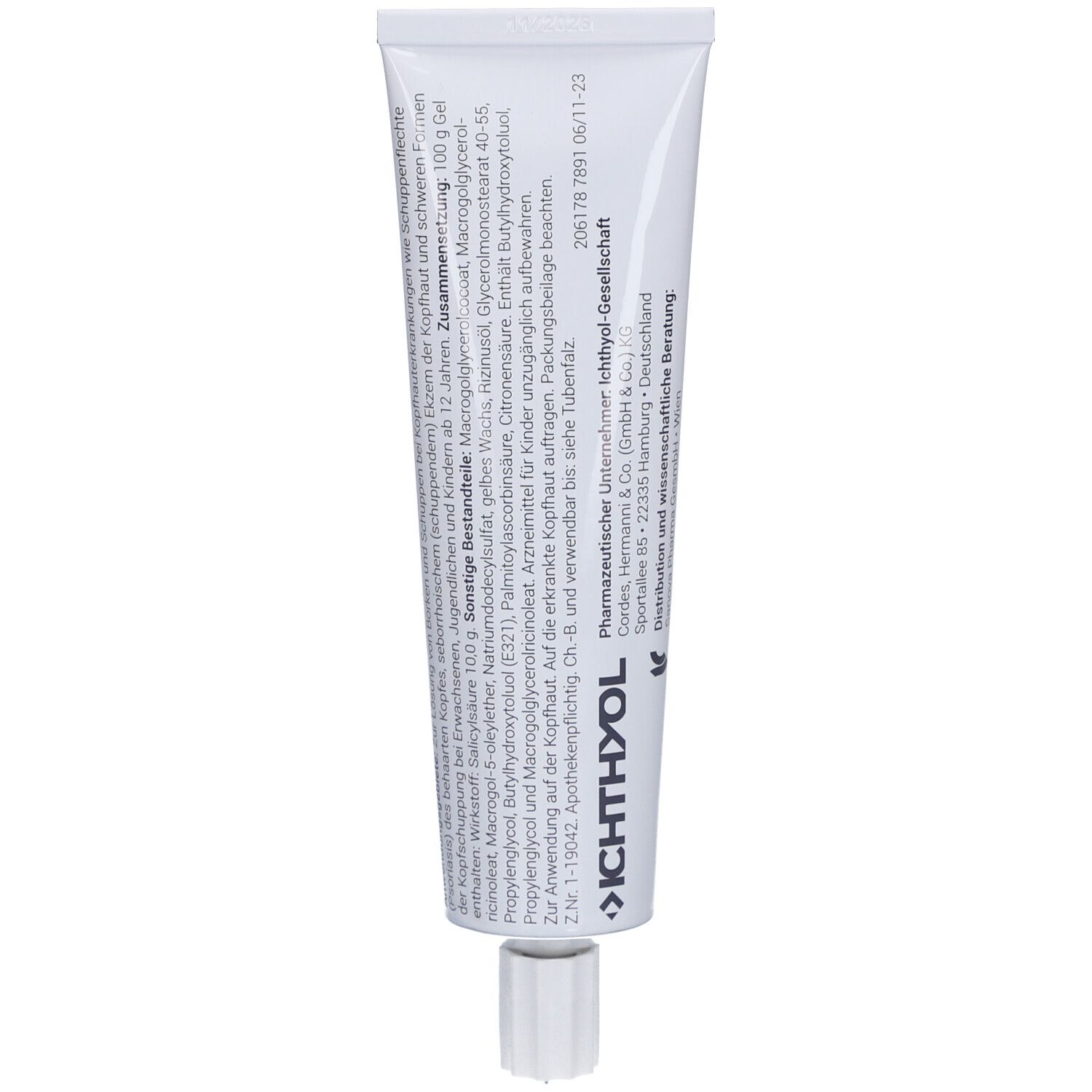 Rückseite Tube. Text: Zusammensetzung, Anwendung, Hersteller. Enthält 100 g. Mindestens haltbar bis 06/11-23.