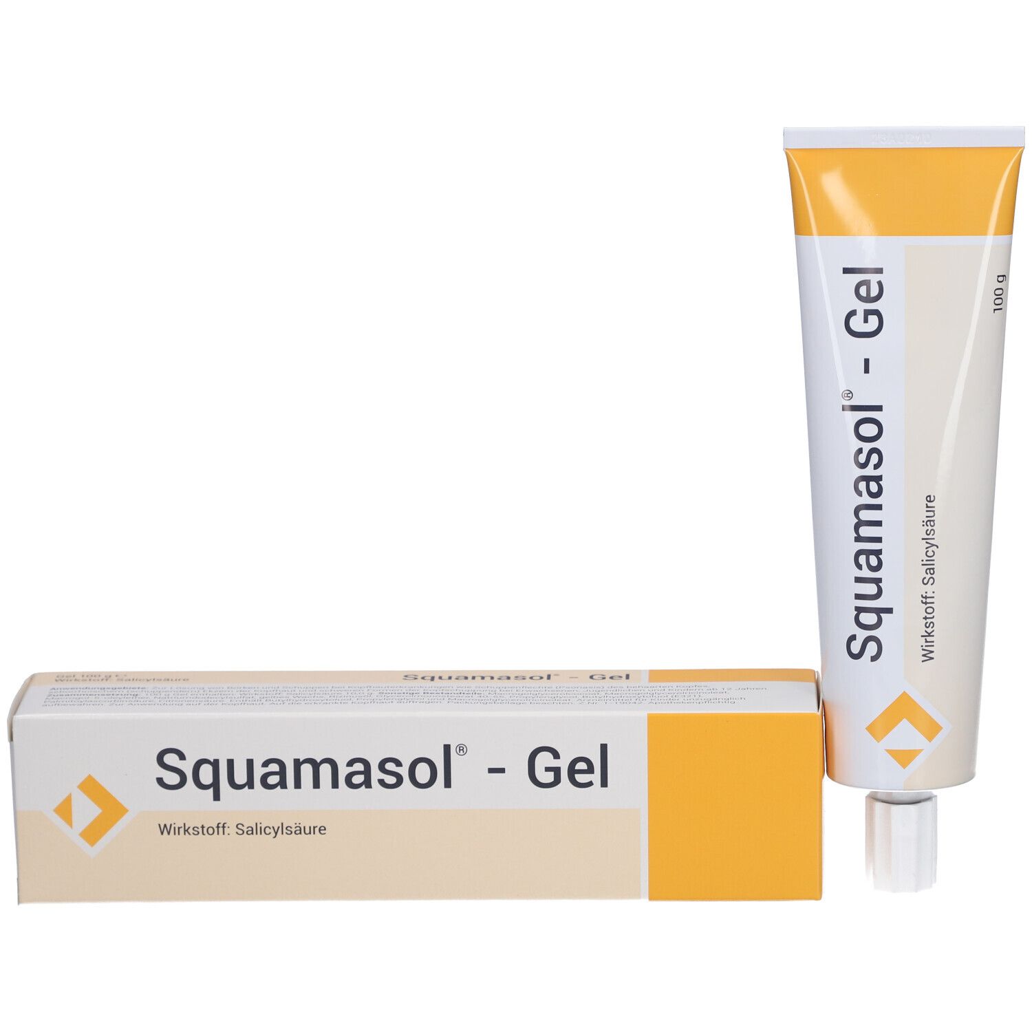 Produktpackung: Tube und Schachtel „Squamasol® - Gel“. Tube weiß mit gelbem Deckel. Schachtel weiß.