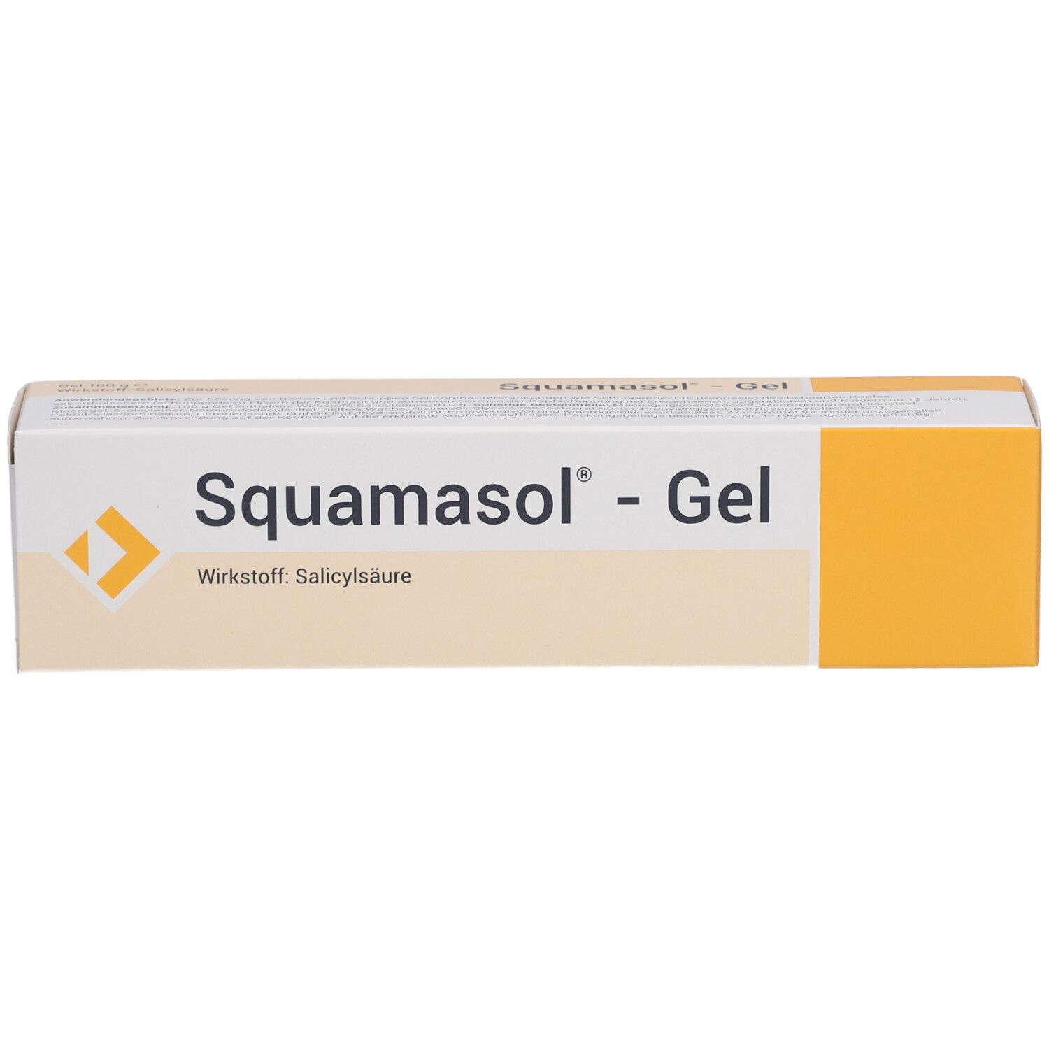 Weiße Schachtel „Squamasol® - Gel“. Aufdruck: Gel, Wirkstoff: Salicylsäure. Gelber Bereich.