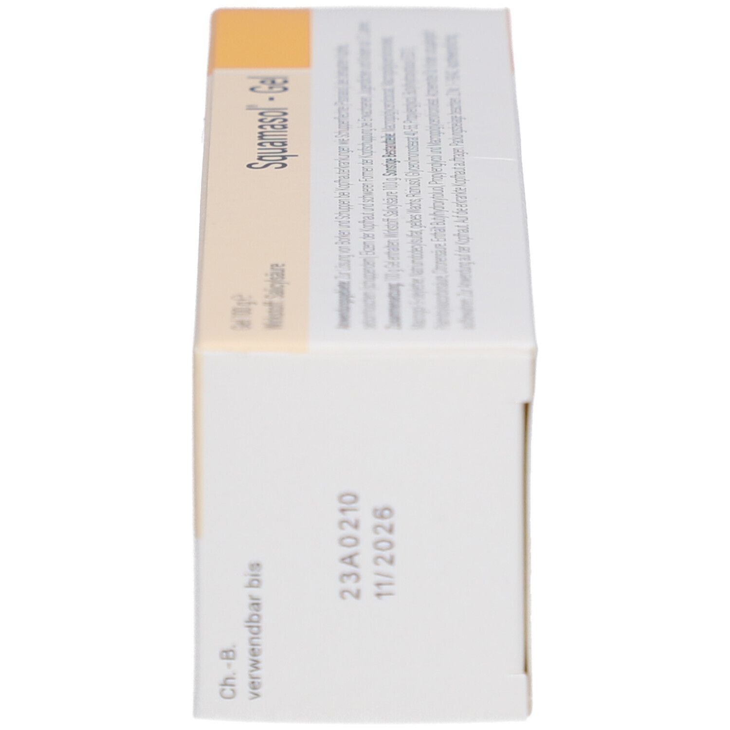 Seitenansicht der Schachtel „Squamasol® - Gel“. Aufdruck: Mindesthaltbarkeit 11/2026.