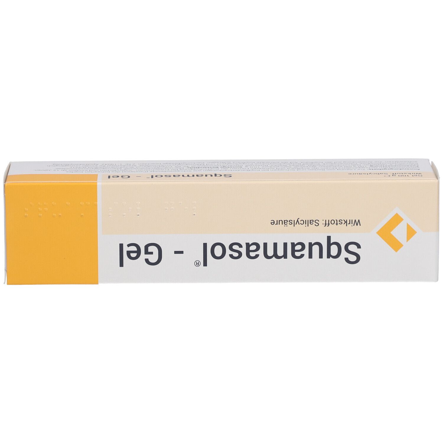 Weiße Schachtel „Squamasol® - Gel“. Aufdruck: Gel, Wirkstoff: Salicylsäure. Gelber Bereich.