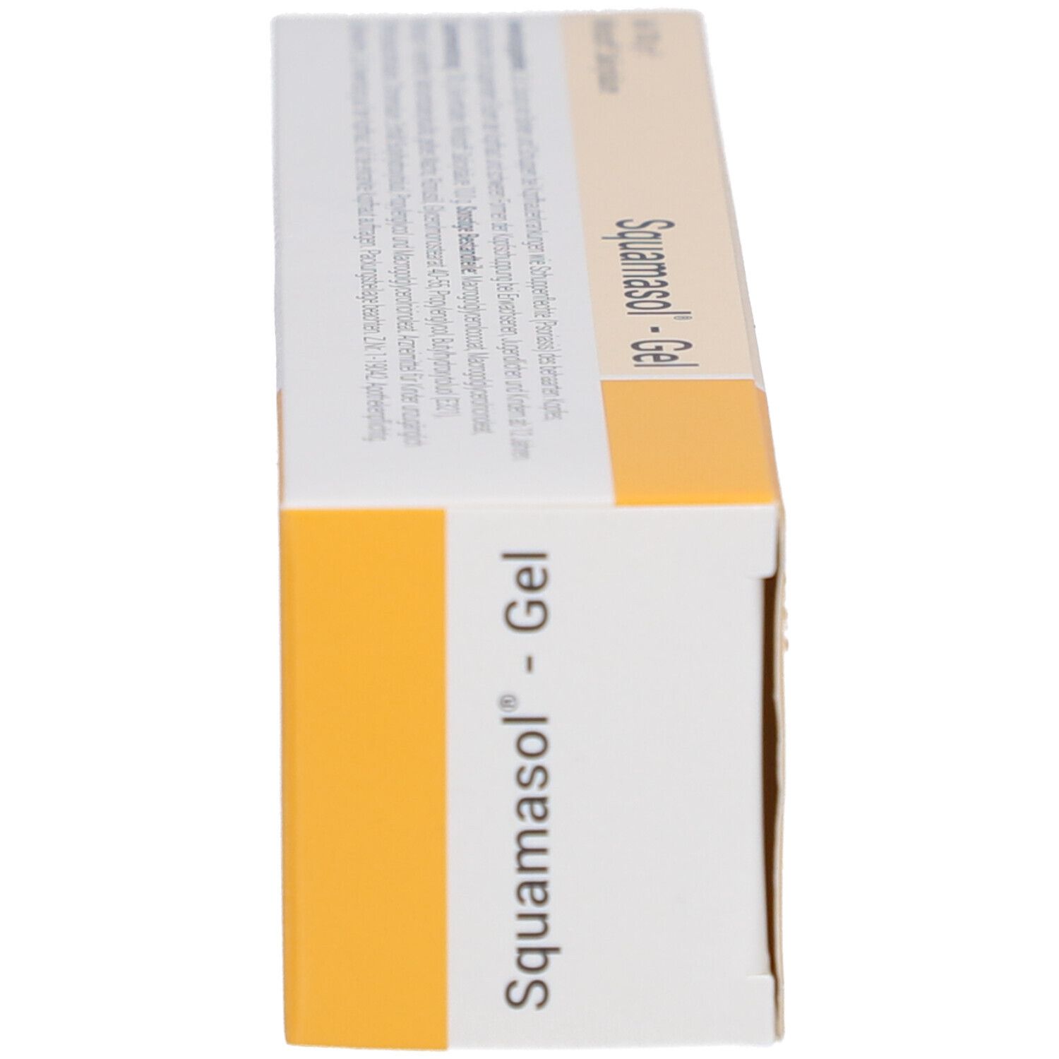 Seitenansicht der Schachtel „Squamasol® - Gel“. Aufdruck: Produktinformationen und Hersteller.