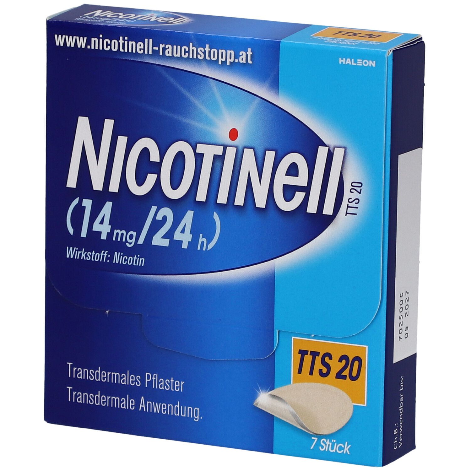 Blaue Schachtel mit Nicotinell TTS 20. Aufschrift: 14mg/24h. Enthält 7 Pflaster.