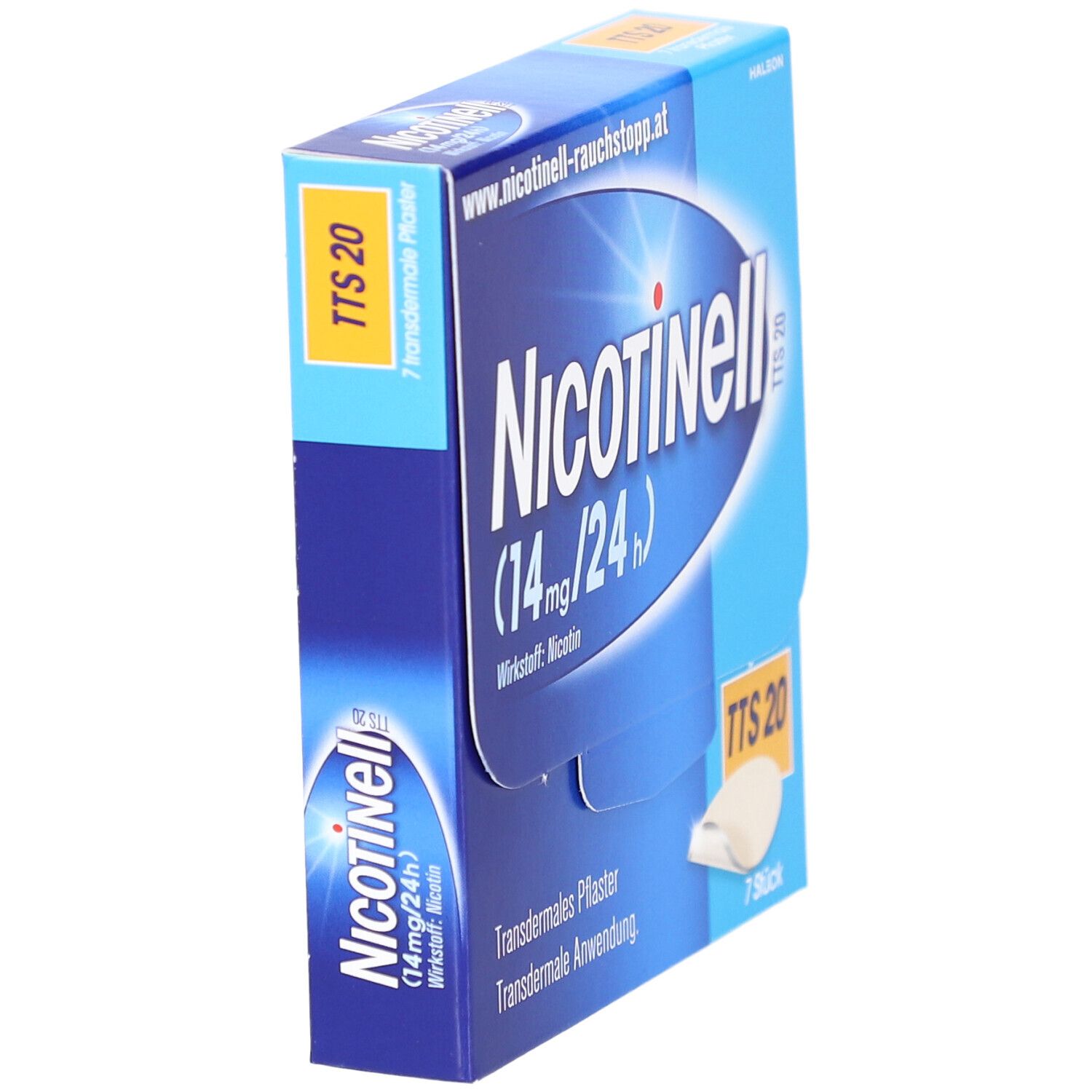 Blaue Schachtel mit Nicotinell TTS 20. Aufschrift: 14mg/24h. Enthält 7 Pflaster.