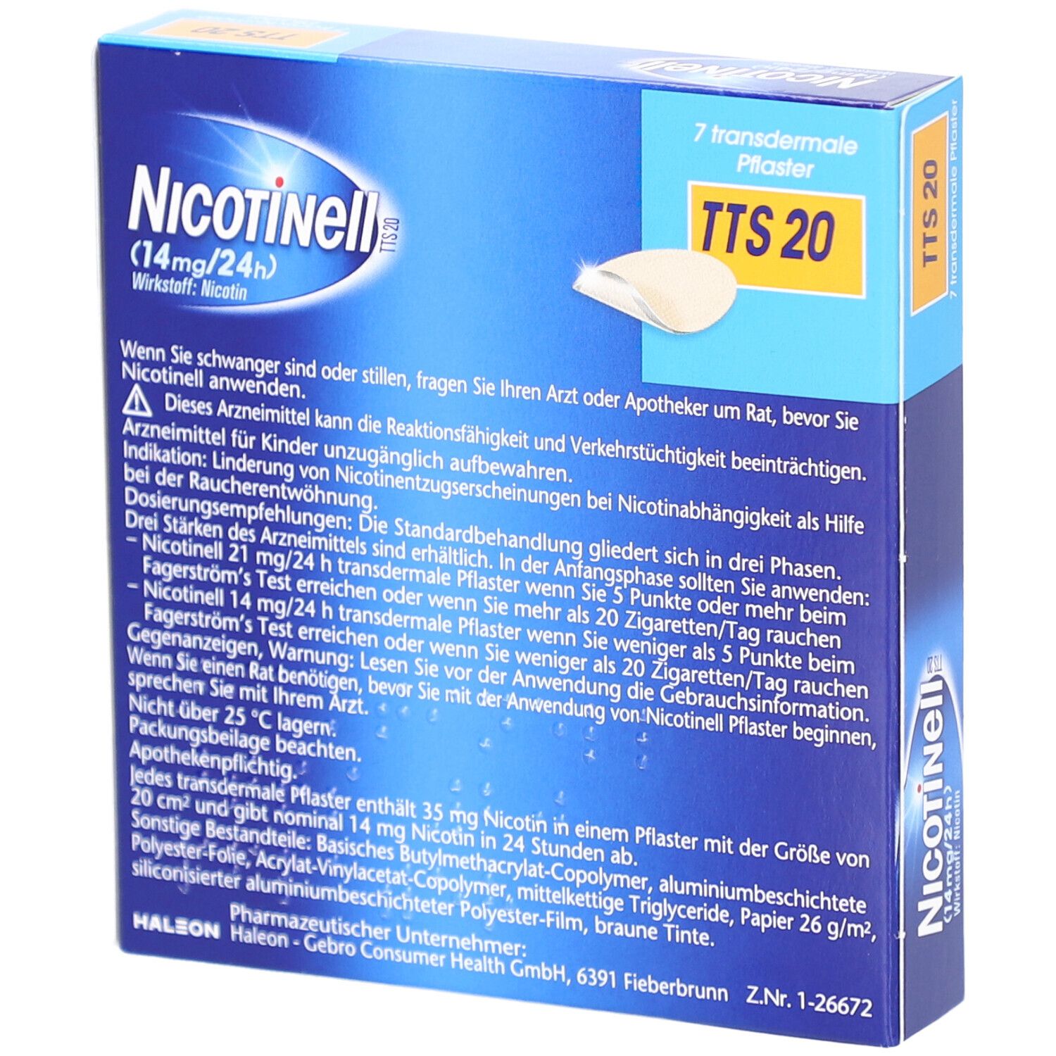 Rückseite der blauen Schachtel mit Nicotinell TTS 20. Text in Deutsch. Enthält 7 Pflaster.