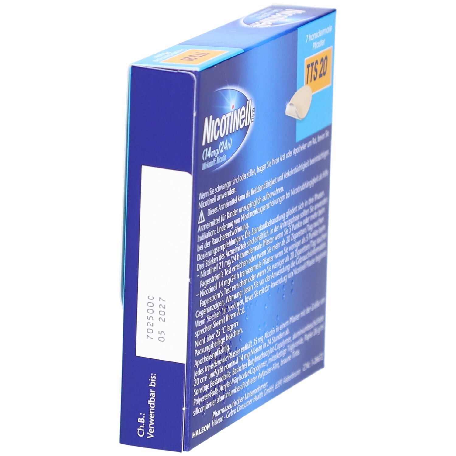 Rückseite der blauen Schachtel mit Nicotinell TTS 20. Text in Deutsch. Enthält 7 Pflaster.