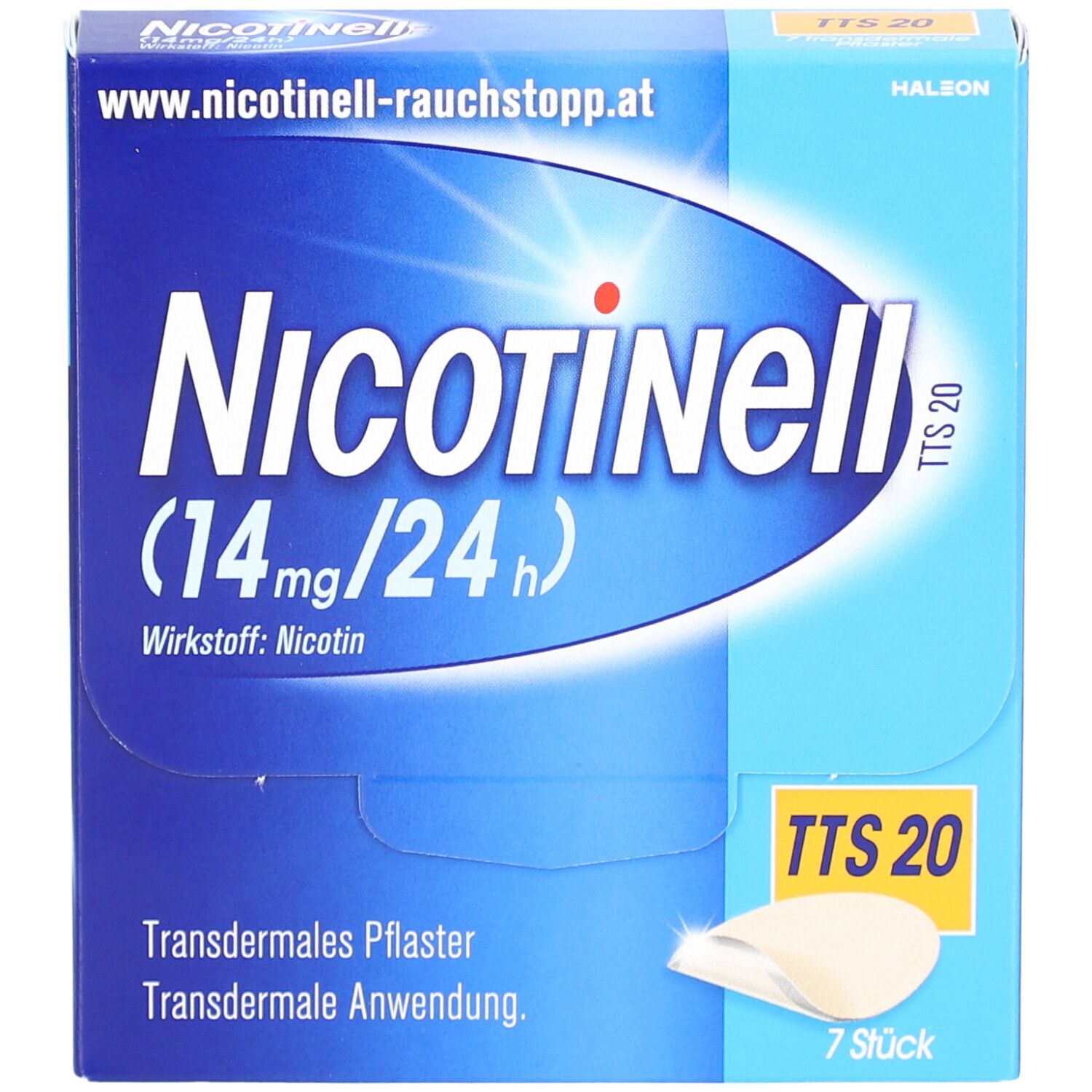 Blaue Schachtel mit Nicotinell TTS 20. Aufschrift: 14mg/24h. Enthält 7 Pflaster.