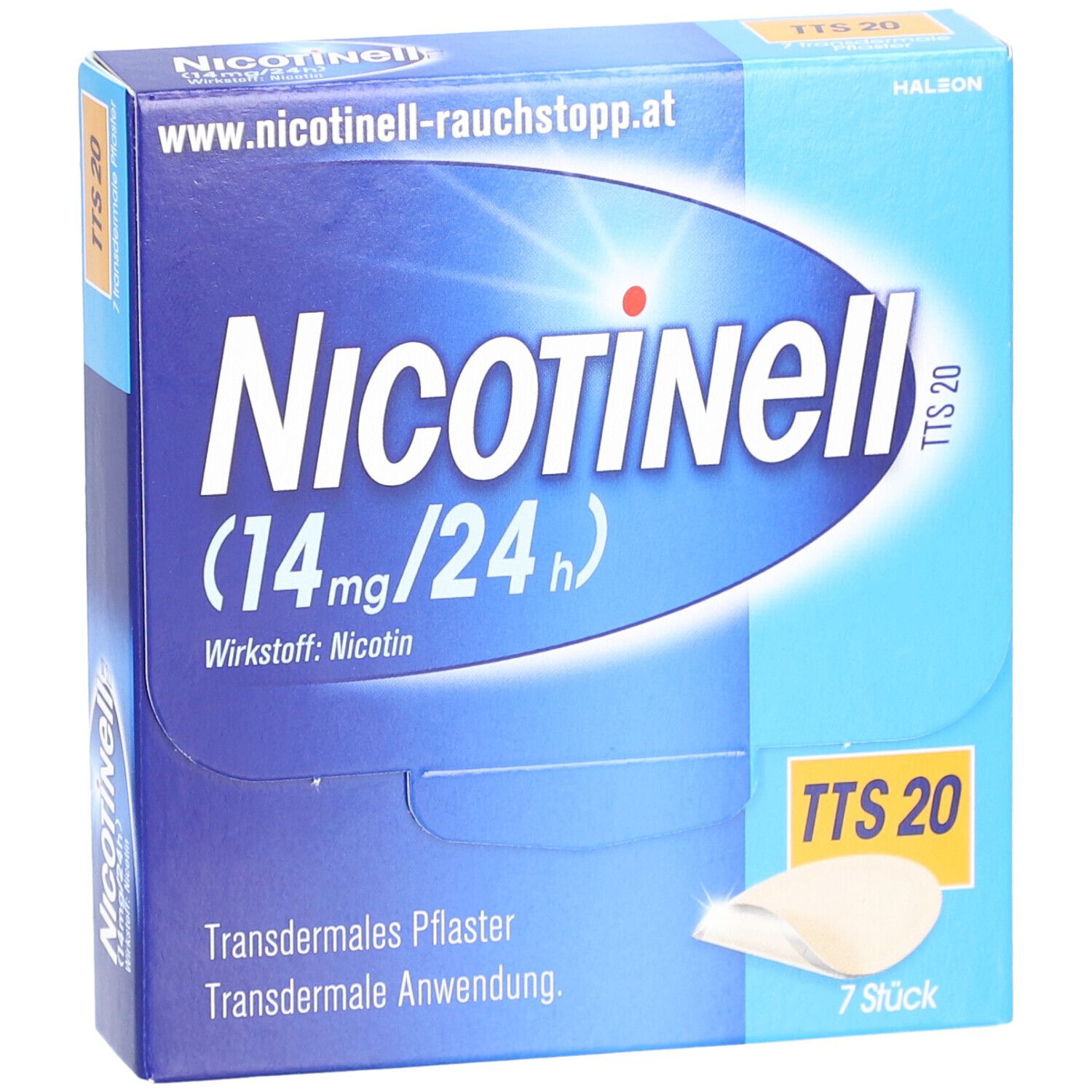 Blaue Schachtel mit Nicotinell TTS 20. Aufschrift: 14mg/24h. Enthält 7 Pflaster.