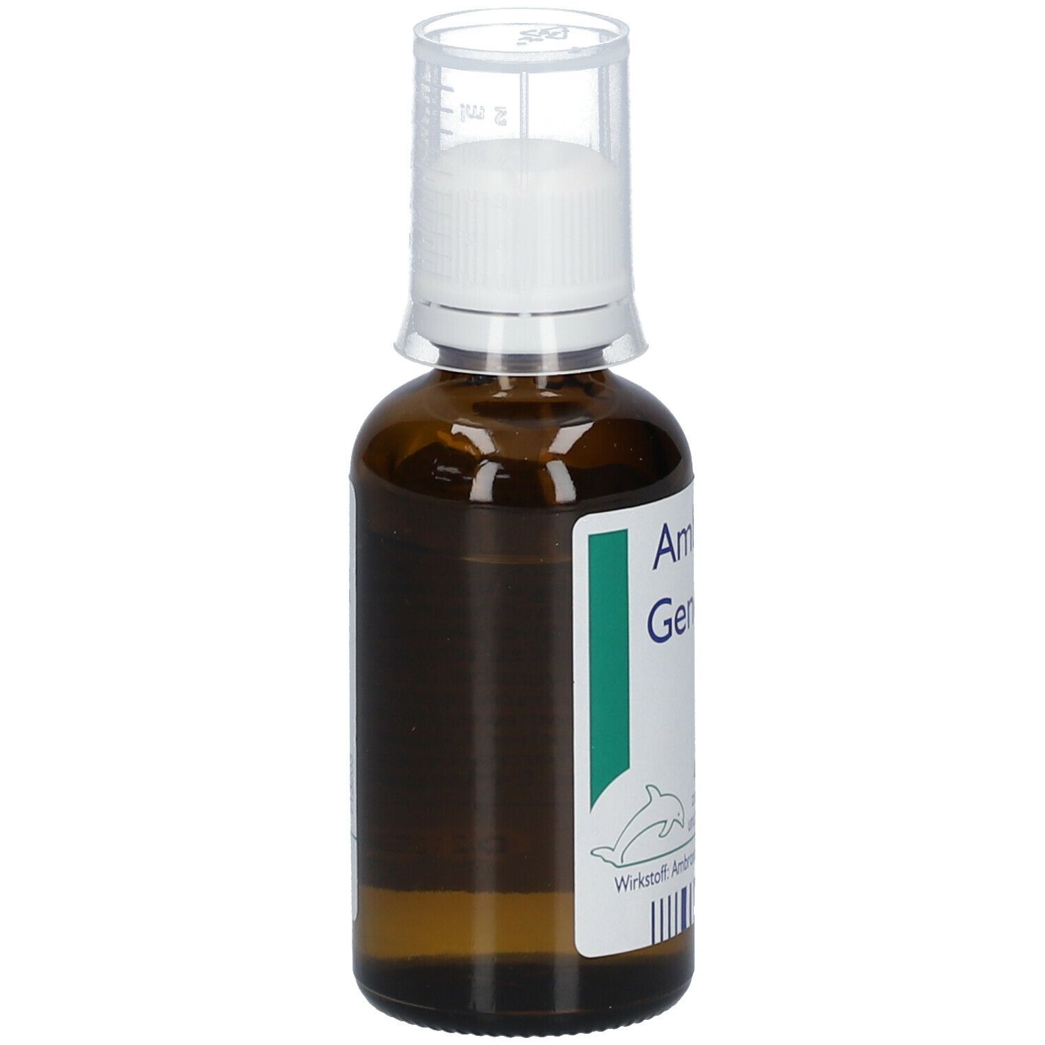 Braune Glasflasche mit weißem Verschluss und Dosierkappe. Beschriftung: Ambroxol Genericon Lösung. Grüne und blaue Akzente.