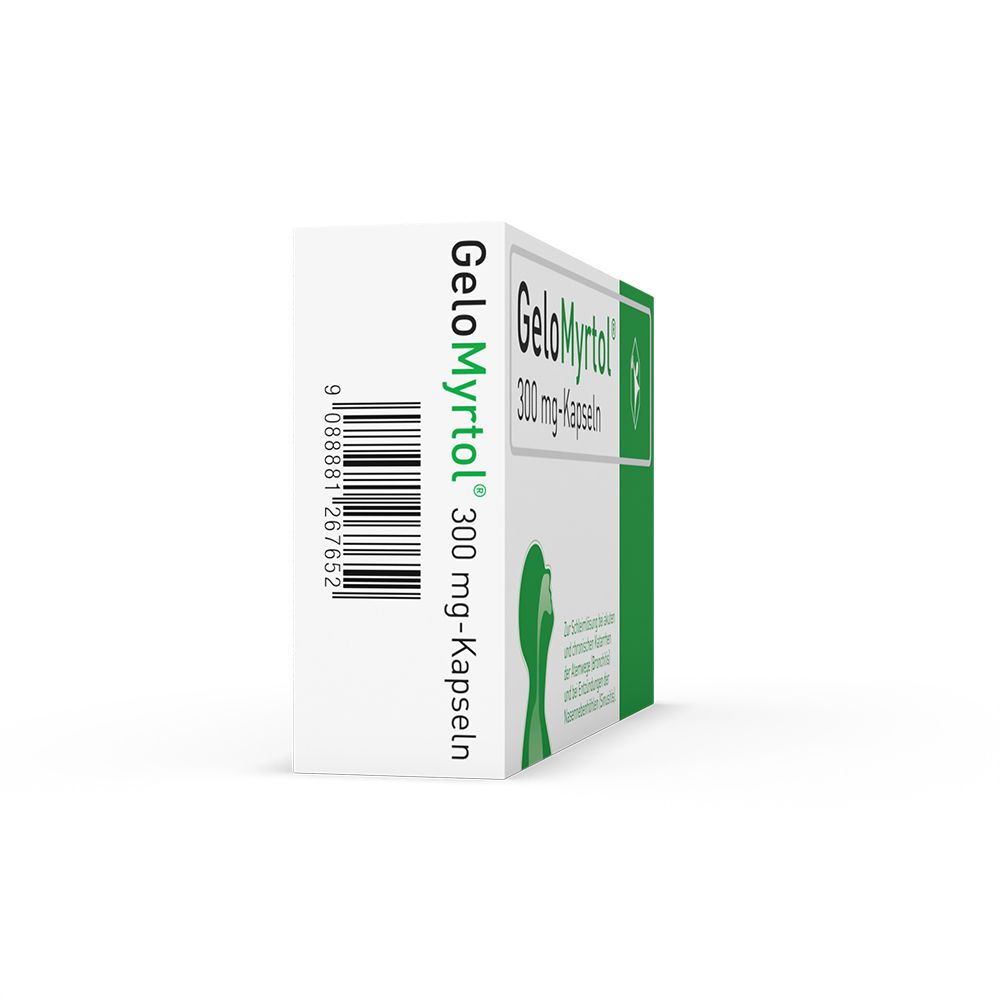 Seitenansicht der GeloMyrtol 300 mg Kapseln Schachtel mit Barcode und Produktinformationen.
