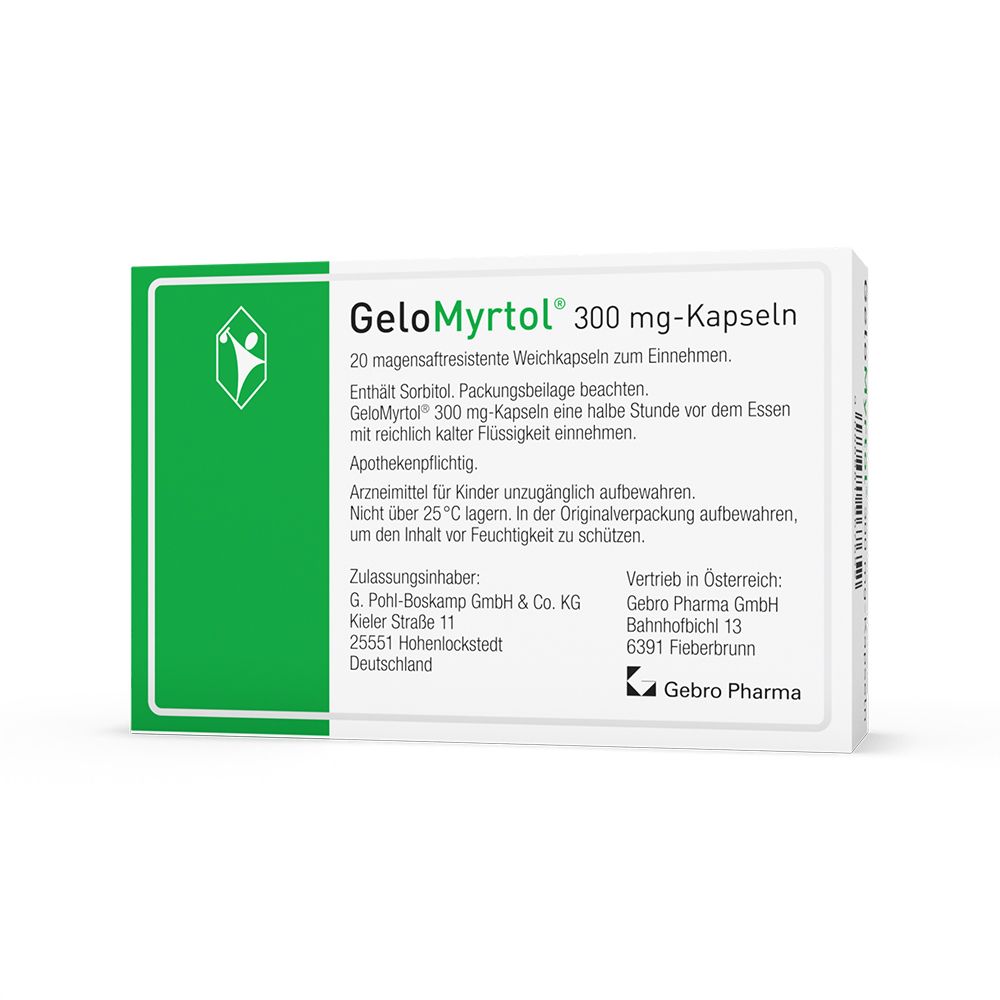 Rückseite der GeloMyrtol 300 mg Kapseln Schachtel mit detaillierten Anwendungsinformationen und Herstellerangaben.
