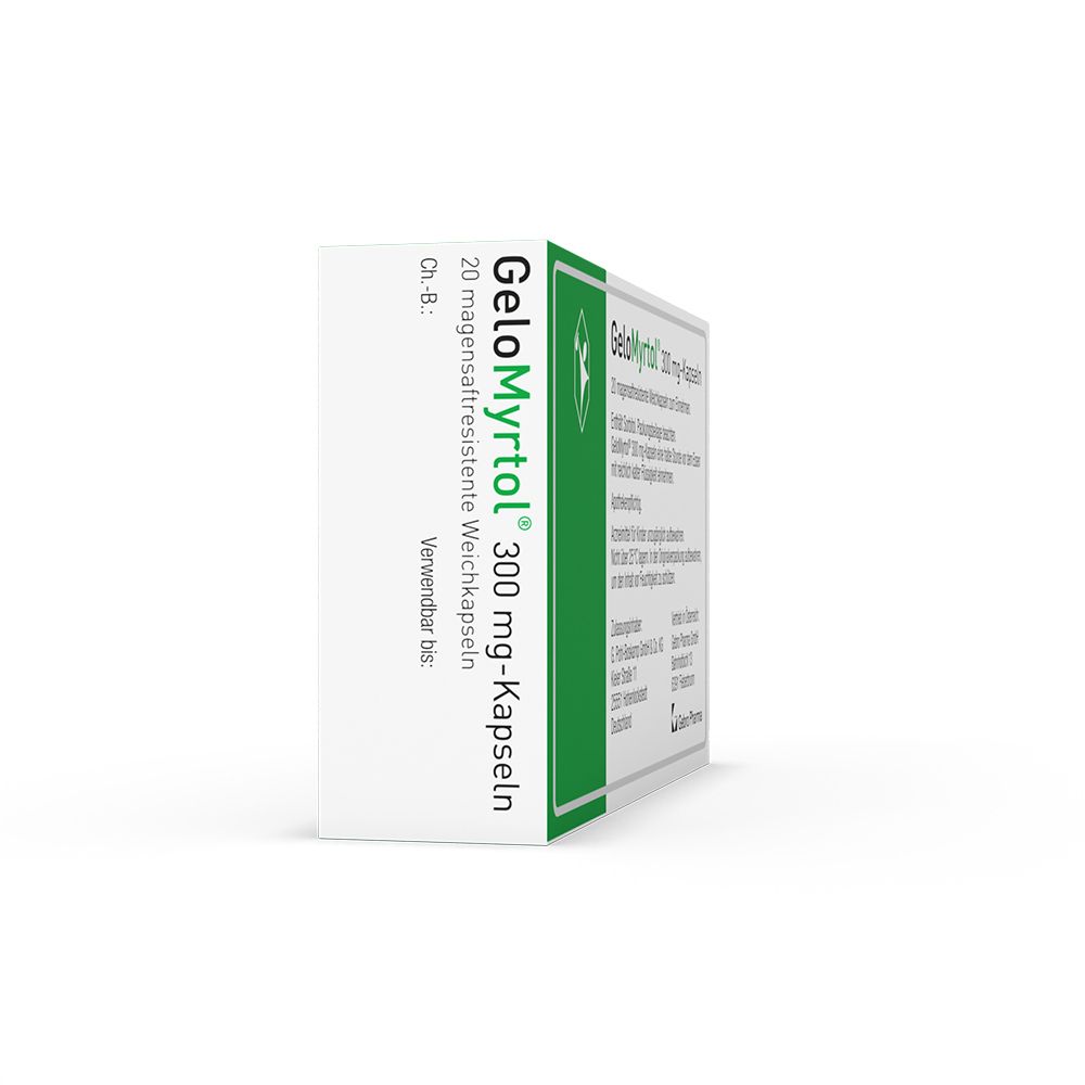 Seitenansicht der GeloMyrtol 300 mg Kapseln Schachtel mit Chargennummer und Verfallsdatum.