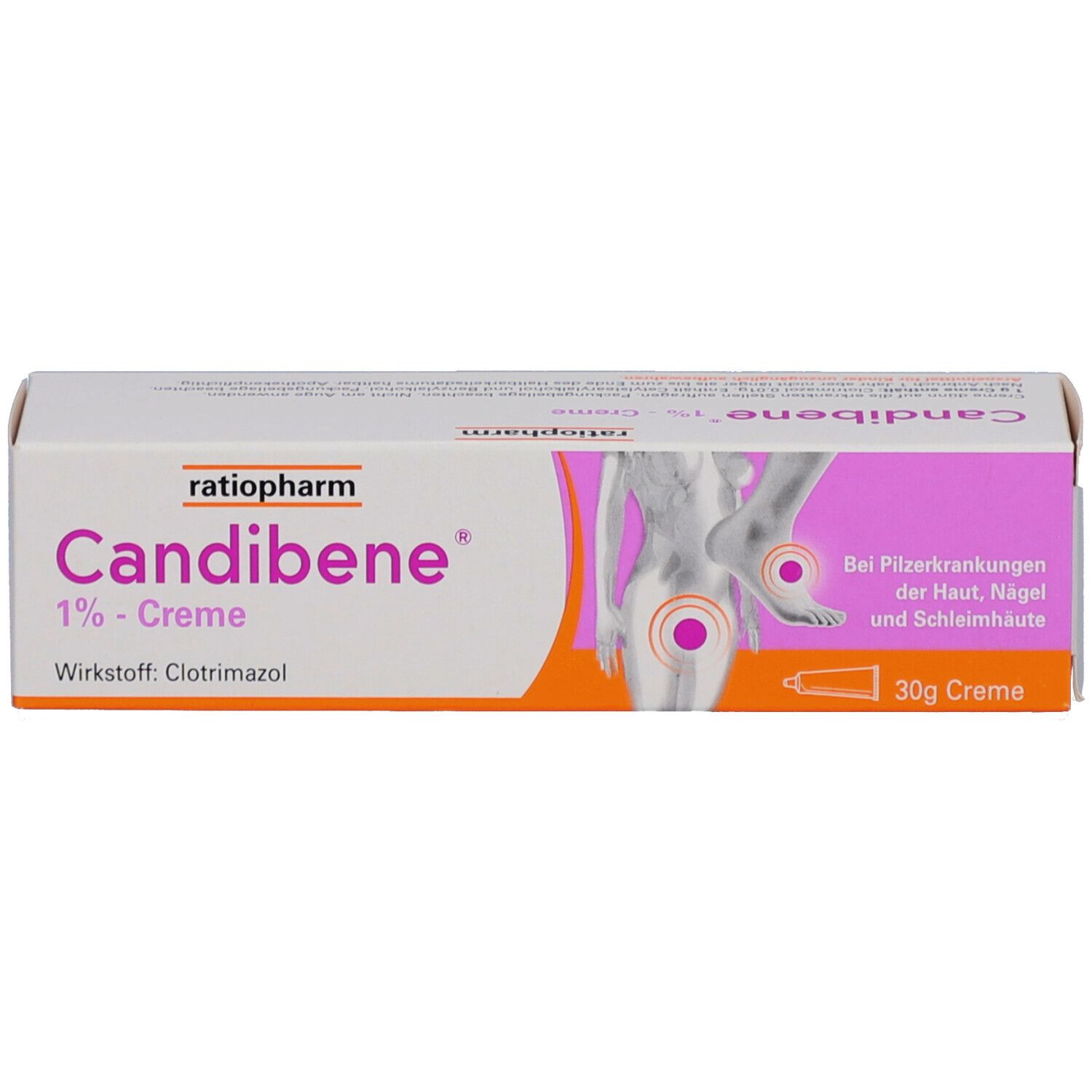 Produktverpackung. Aufschrift: Candibene 1% Creme. 30g Creme. Wirkstoff: Clotrimazol.