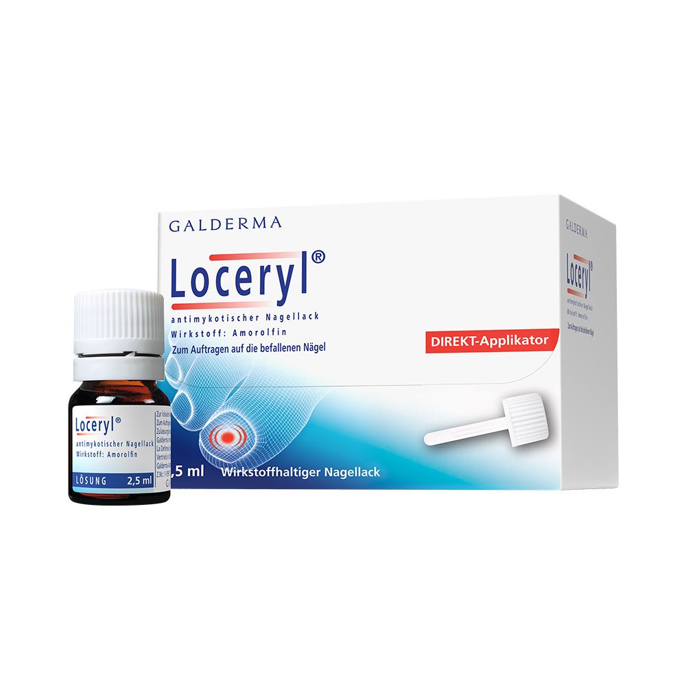 Loceryl® antimykotischer Nagellack, Flasche und Verpackung. Enthält 2,5 ml. Direkt-Applikator und Wirkstoff Amorefin.