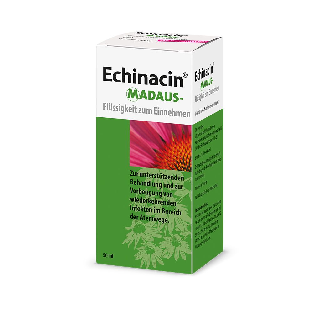 Echinacin® Madaus® Flüssigkeit zum Einnehmen, 50 ml Packung mit Echinacea-Blüte.