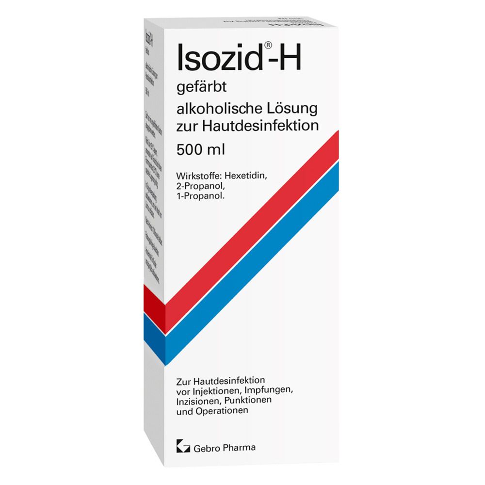Verpackung von Isozid®-H gefärbt. Weiße Schachtel mit rotem und blauem Streifen. Text: alkoholische Lösung zur Hautdesinfektion, 500 ml.