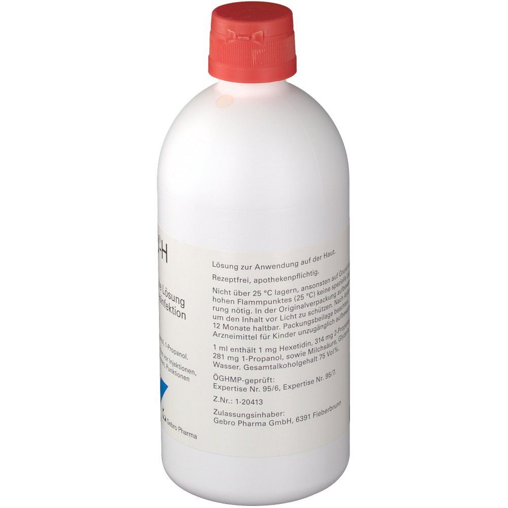 Weiße Flasche mit rotem Verschluss. Beschriftung mit Produktinformationen. Apothekenpflichtig.