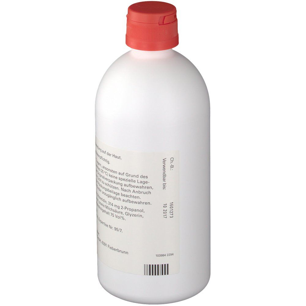 Weiße Flasche mit rotem Verschluss. Etikett mit Produktinformationen. Apothekenpflichtig.