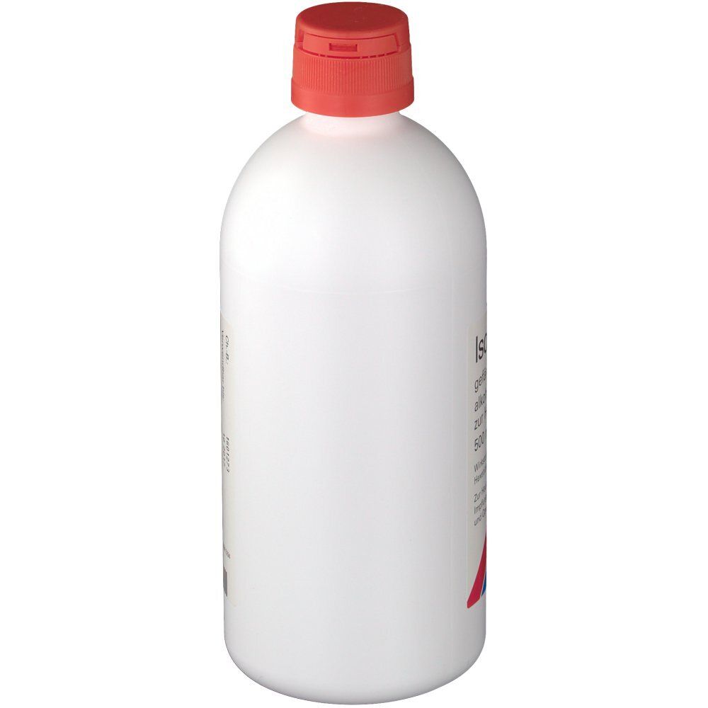 Weiße Flasche mit rotem Verschluss. Produktetikett mit roter Markierung. Apothekenpflichtig.