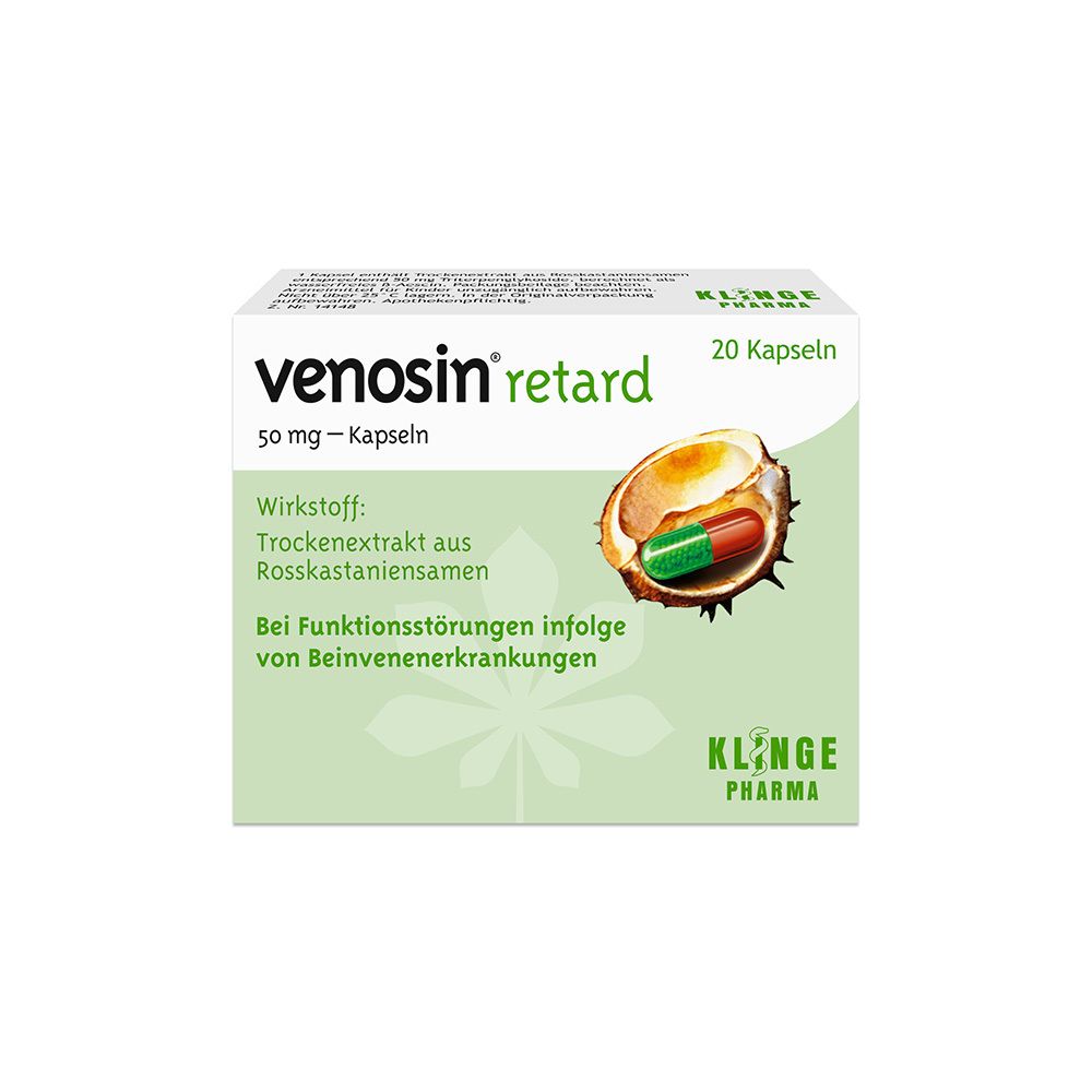 Weiß-grüne Schachtel mit Produktnamen und Kapsel-Abbildung. Enthält 20 Kapseln. Hersteller: Klinge Pharma.