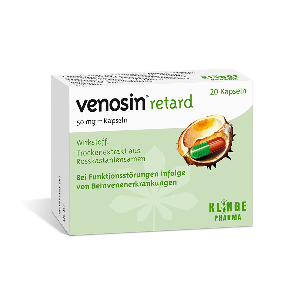 Weiß-grüne Schachtel mit Produktnamen und Kapsel-Abbildung. Enthält 20 Kapseln. Hersteller: Klinge Pharma.