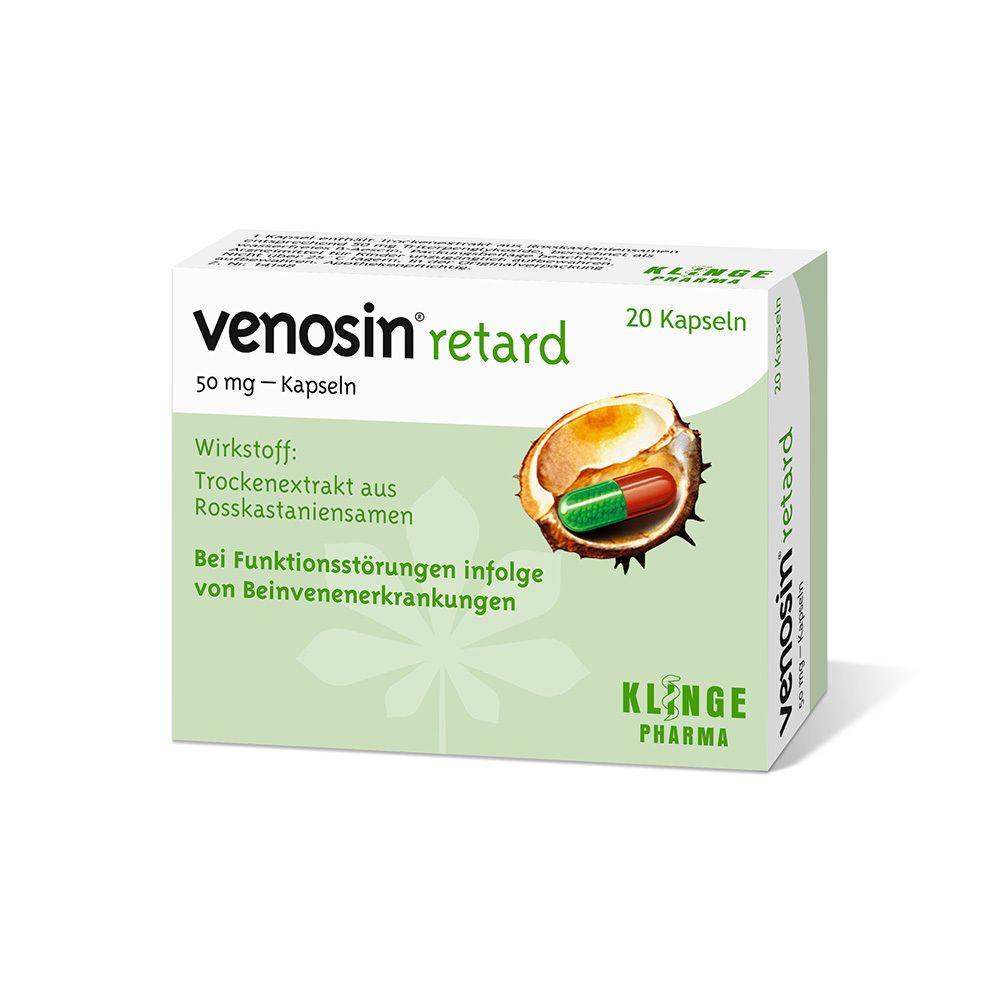 Weiß-grüne Schachtel mit Produktnamen und Kapsel-Abbildung. Enthält 20 Kapseln. Hersteller: Klinge Pharma.