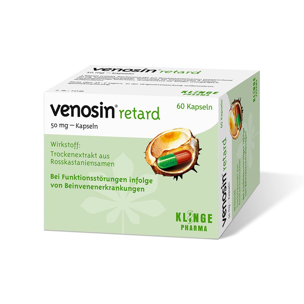 Schachtel "venosin retard" in Schrägansicht. Text: "50 mg - Kapseln", "60 Kapseln". Abbildung Kapsel in Kastanie. Klinge Pharma Logo.