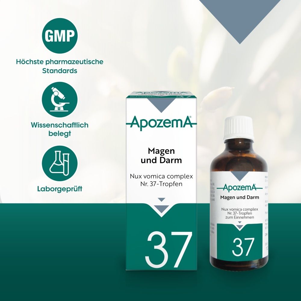 Apozema Magen und Darm Nr. 37: Flasche und Faltschachtel, GMP-zertifiziert, wissenschaftlich belegt, laborgeprüft.