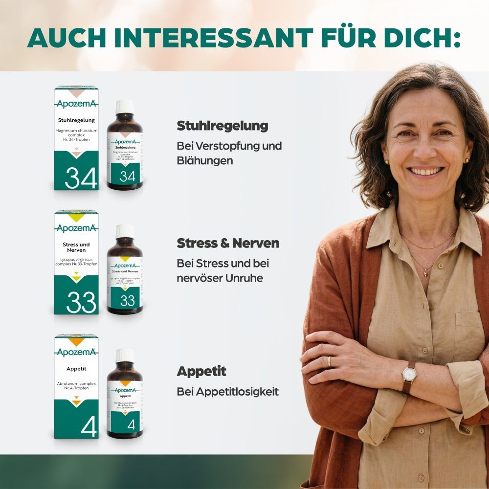 Apozema Produkte: Nr. 34 Stuhlregelung, Nr. 33 Stress & Nerven, Nr. 4 Appetit.