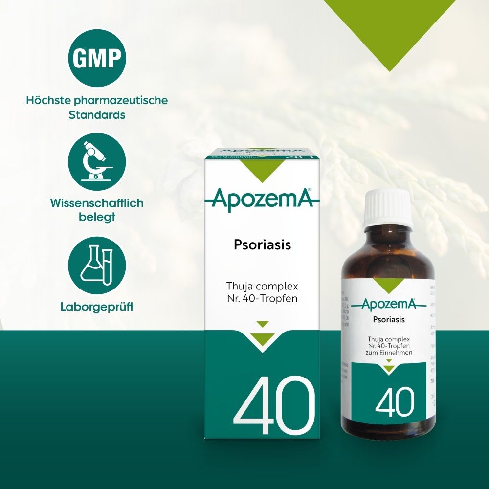 Apozema Psoriasis Tropfen Nr. 40: Fläschchen und Faltschachtel mit GMP-Siegel und wissenschaftlichen Symbolen.