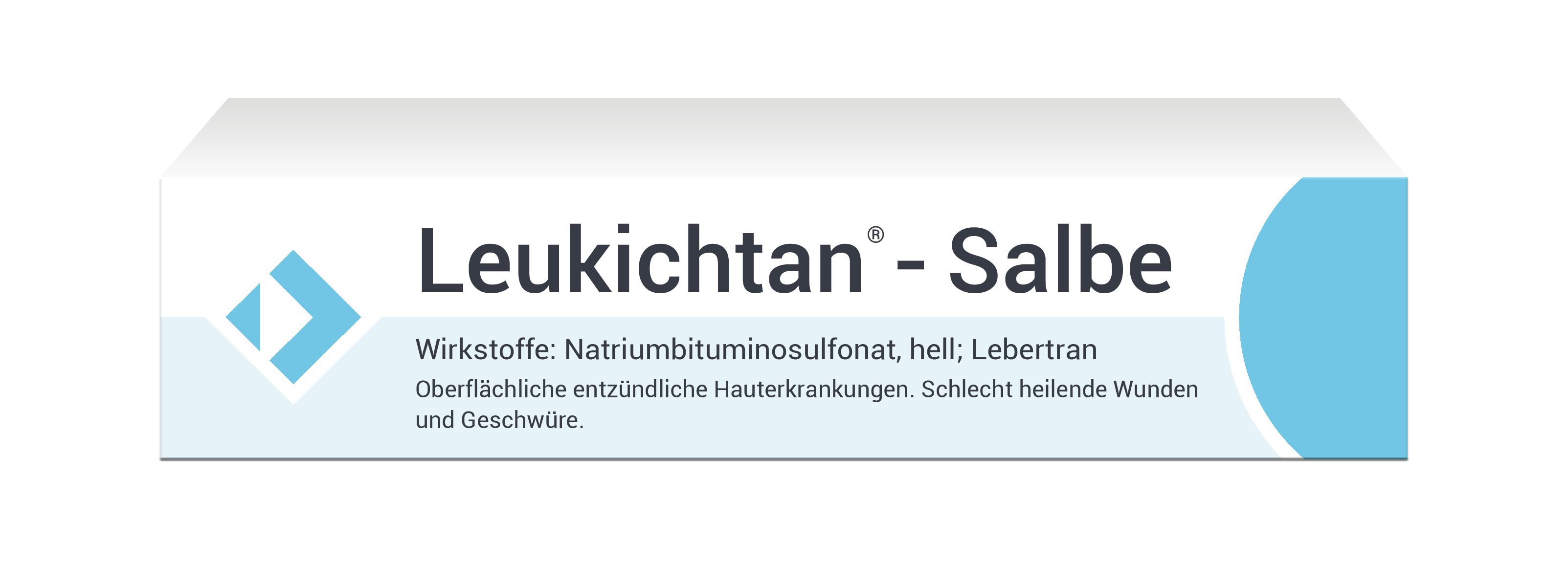 Weiße Faltschachtel mit blauer Ecke. Aufdruck: Leukichtan®-Salbe. Wirkstoffe und Anwendungsbereich.
