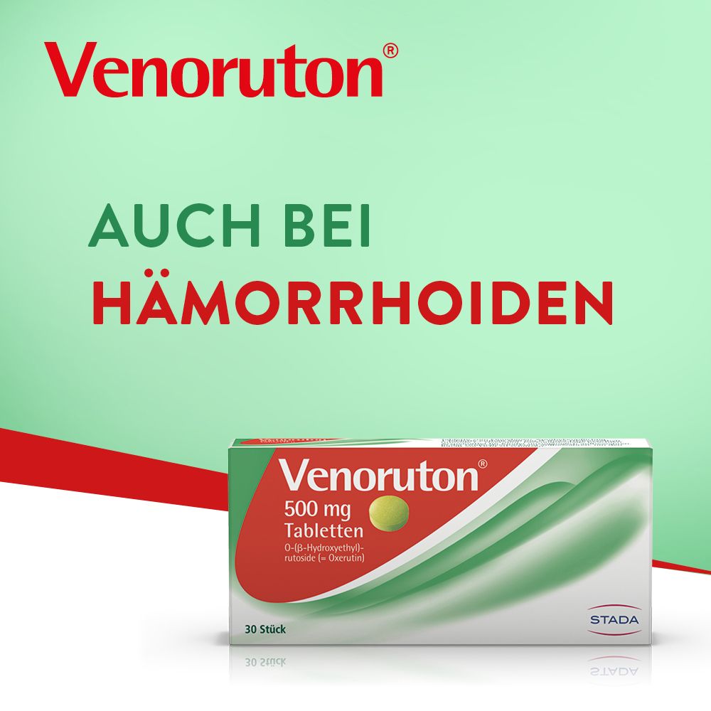 Werbebild mit Venoruton-Packung. Text: Auch bei Hämorrhoiden. Grün-roter Hintergrund.