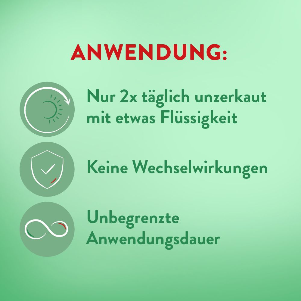 Anwendungshinweise: 2x täglich unzerkaut, keine Wechselwirkungen, unbegrenzte Anwendungsdauer. Kreise, Schild, Unendlichkeitszeichen.