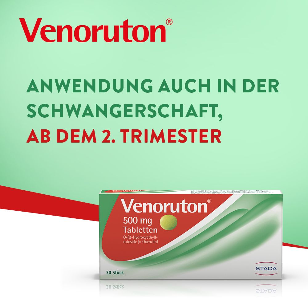 Verpackung Venoruton 500 mg Tabletten. Text: Anwendung auch in der Schwangerschaft, ab dem 2. Trimester.