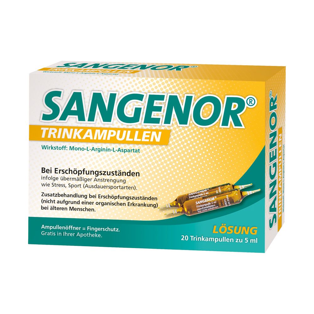 Verpackung von SANGENOR Trinkampullen. Gelb-weißes Karton mit Produktnamen und Beschreibung. 20 Ampullen.