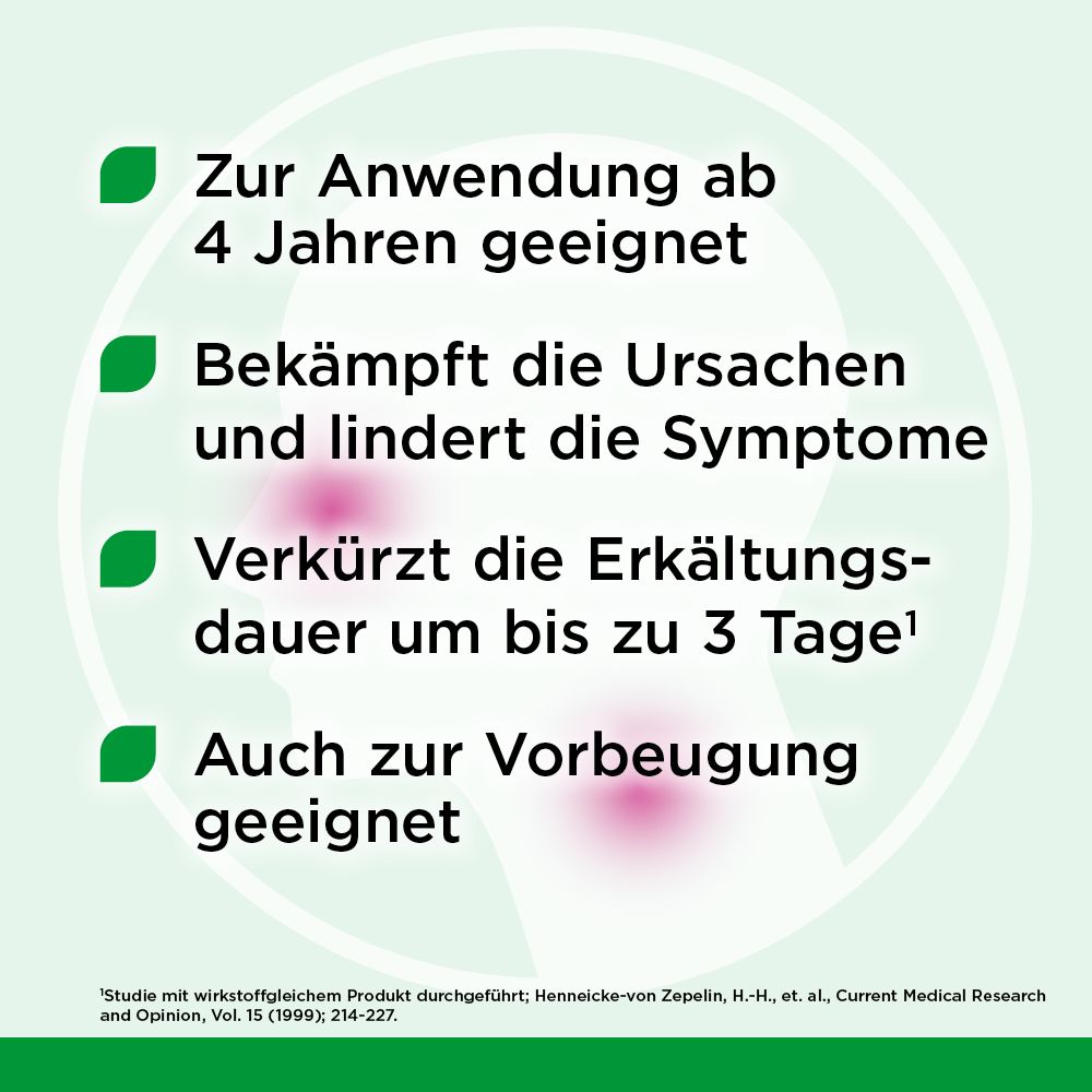 Text mit grünen Punkten: Geeignet ab 4 Jahren, bekämpft Ursachen, verkürzt Erkältungsdauer, auch zur Vorbeugung.