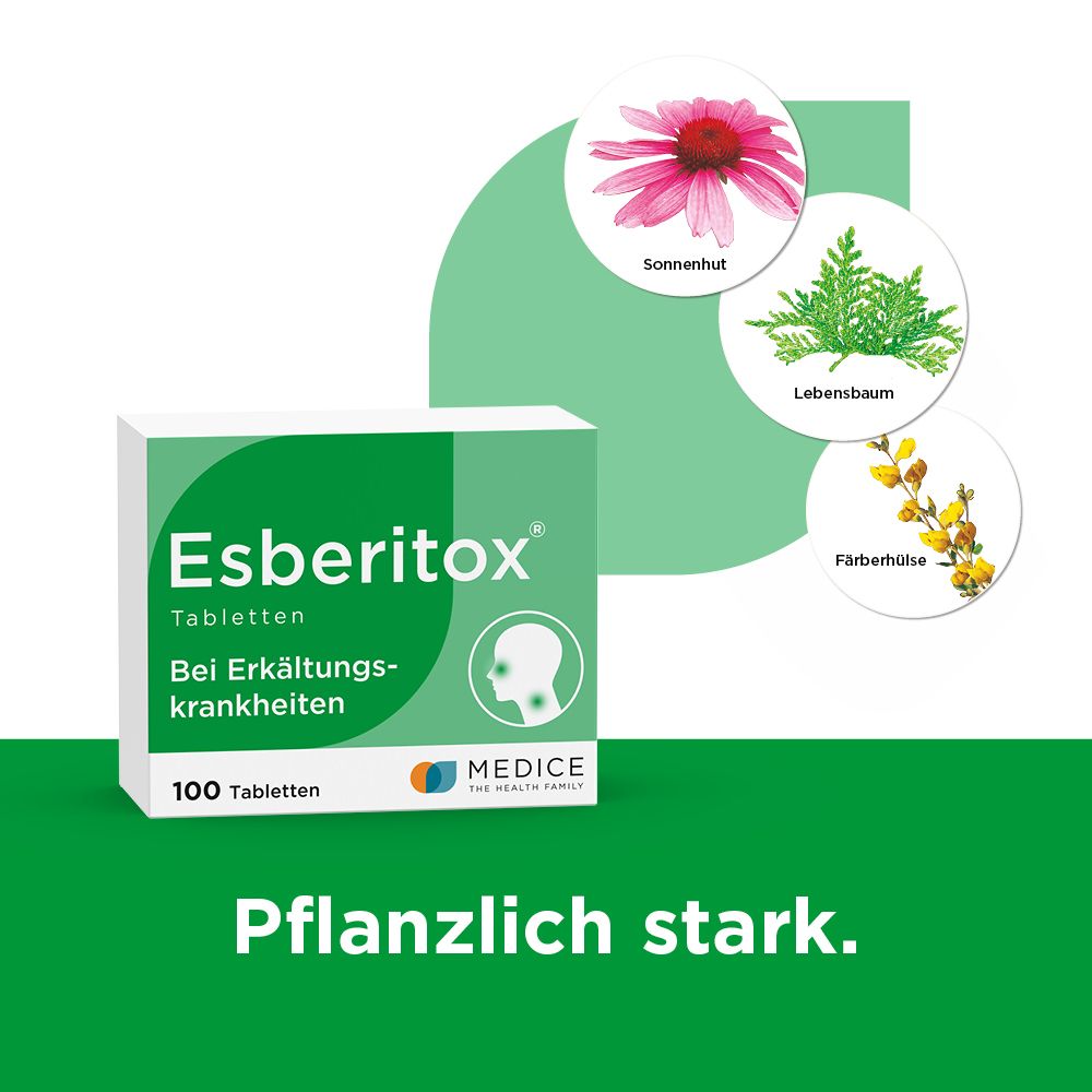 Schachtel mit Esberitox® Tabletten und Abbildungen von Sonnenhut, Lebensbaum und Färberhülse. Text: Pflanzlich stark.