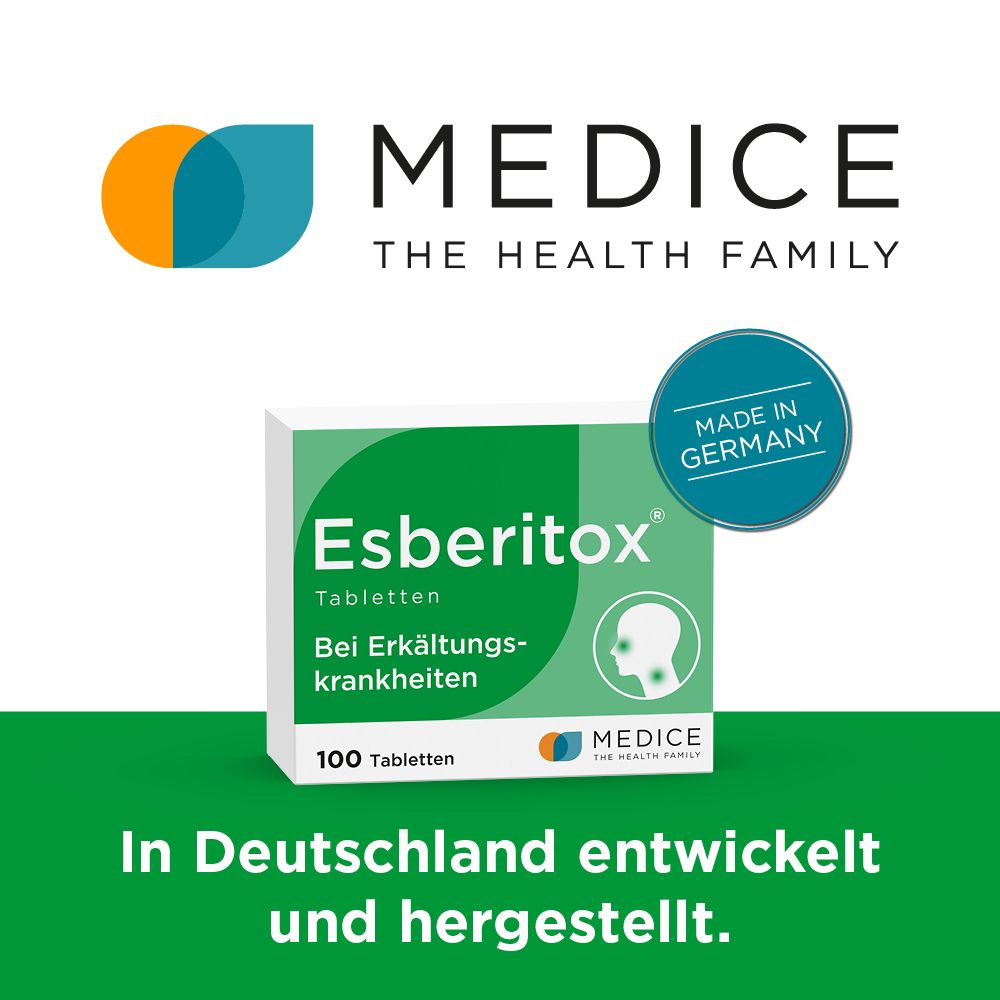 Schachtel Esberitox® Tabletten, MEDICE Logo, Made in Germany. Text: In Deutschland entwickelt und hergestellt.