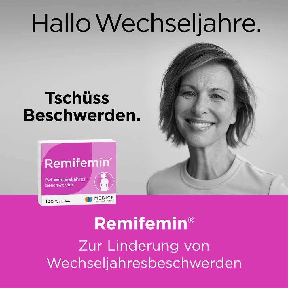 Werbung mit Frau und Remifemin®-Packung. Text: Hallo Wechseljahre. Tschüss Beschwerden. Zur Linderung von Wechseljahresbeschwerden.