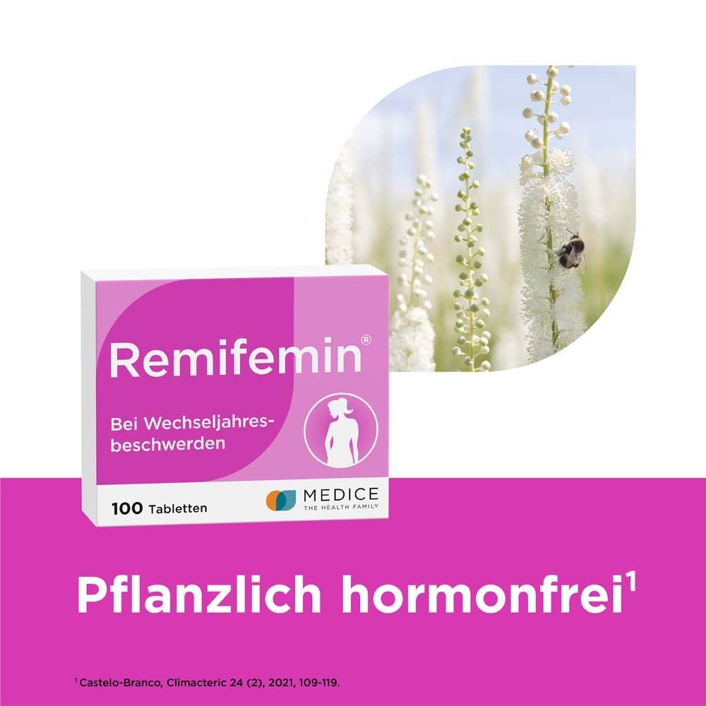 Box Remifemin® Tabletten. Text: Remifemin®, 100 Tabletten. Pflanzlich, hormonfrei. Hintergrund: weiße Blüten und Blätter.